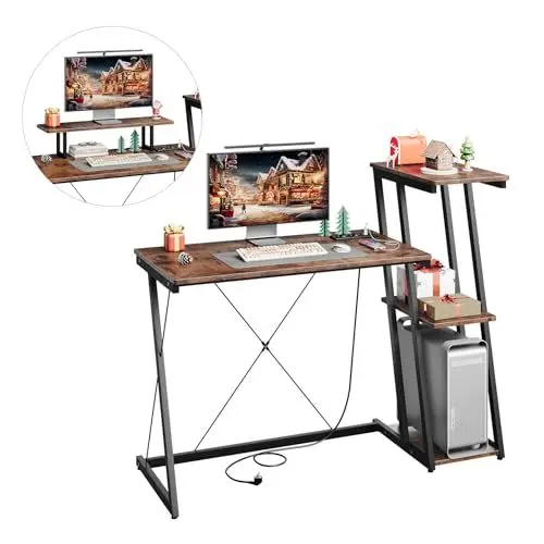 Produktbild: Dripex Gaming Tisch, Schreibtisch mit Regal, Computertisch mit USB-Ladeanschluss&Steckdose, Abnehmbarer Monitorhalterung, PC Tisch für Home Office, Büro, mit reversiblem Regal, braun, 120cm
