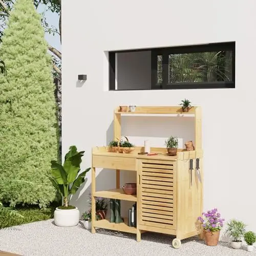 Produktbild: Dripex Gartentische, Pflanztische mit Unterschrank, Beistelltische aus Bambus, bewegliche Arbeitstische für Garten Balkon Terrasse