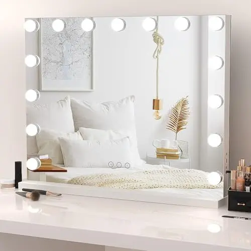 Produktbild: Dripex Hollywood Schminktischspiegel, Schminkspiegel mit 15 Lampen und 3 Farbtemperatur Licht, Hollywood Spiegel mit Beleuchtung, Kosmetikspiegel mit Touch Steuerung, 58 x 45 cm Weiß