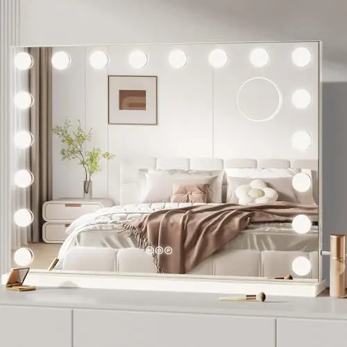 Produktbild: Dripex Hollywood Schminktischspiegel, Schminkspiegel mit 18 Lampen und 3 Farbtemperatur Licht, Hollywood Spiegel mit Beleuchtung, Kosmetikspiegel mit Touch Steuerung, 58 x 48 cm Weiß