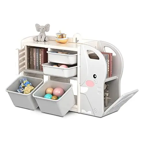 Produktbild: Dripex Kinderregal, Spielzeugregal mit 2 Aufbewahrungsboxen Bücherregal, 101 x 31 x 64.5 cm, Spielzeug Aufbewahrungsregal, Kinderzimmer Regal für Junge, Mädchen