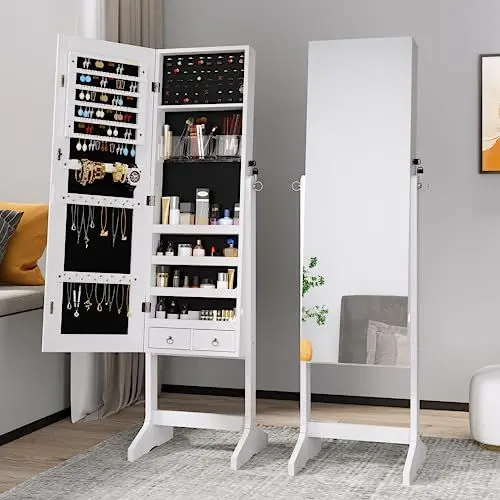 Produktbild: Dripex Schmuckschrank mit Spiegel stehend, Schmuck Spiegelschrank abschließbar, 2 in 1 Make-Up und Schmuck Aufbewahrung, Schmuck Organizer mit Standspiegel für Ketten, Ohrringe, Schminke, weiß