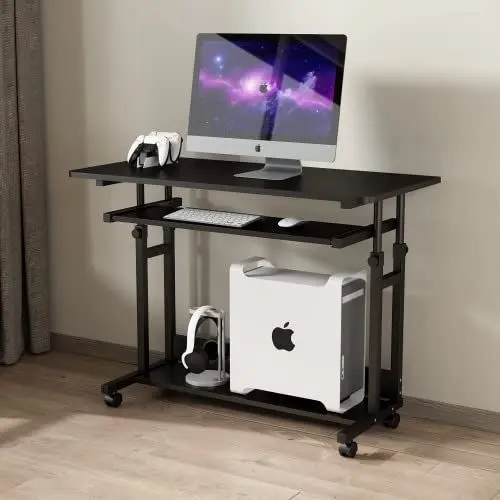 Produktbild: Dripex Schreibtisch höhenverstellbar, Computertisch mit Rollen, Kleiner Schreibtisch auf Rollen, Laptoptisch mit Tastaturauszug, Beistelltisch, platzsparender PC Tisch für Home Office, Schwarz