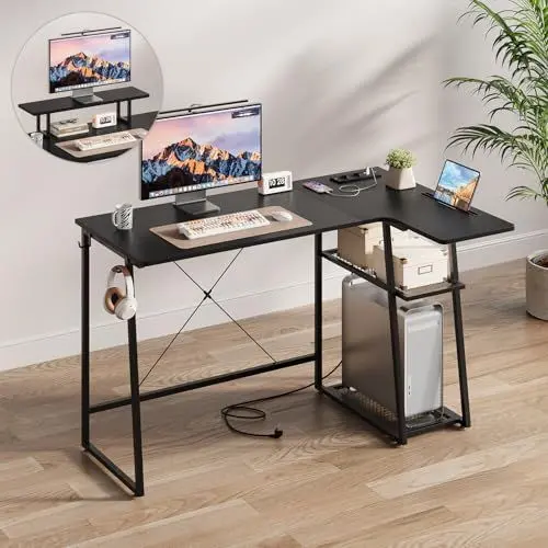 Produktbild: Dripex Schreibtisch mit Regal L Form, Eckschreibtisch mit USB&Steckdose, Computertisch mit Abnehmbarer Monitorhalterung, Gaming Tisch mit Stauraum für Büro Home Office, Schwarz 120cm