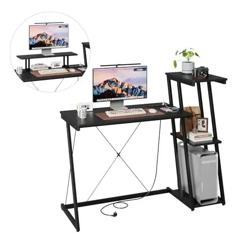 Produktbild: Dripex Schreibtisch mit USB&Steckdose, Gaming Tisch mit Regal, Computertisch mit Abnehmbarer Monitorhalterung, PC Tisch Bürotisch für Home Office, Eckschreibtisch, schwarz 120cm