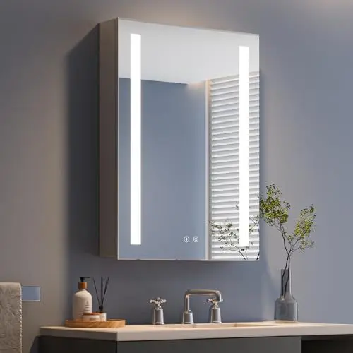 Produktbild: Dripex Spiegelschrank Bad mit Beleuchtung Grau, Glasablage und Steckdose, Badezimmerschrank mit Spiegel, 3 Lichtfarbe Einstellbar, Dimmbar, Rechtstürige Spiegelschrank, Beschlagfrei 50 x 70 cm