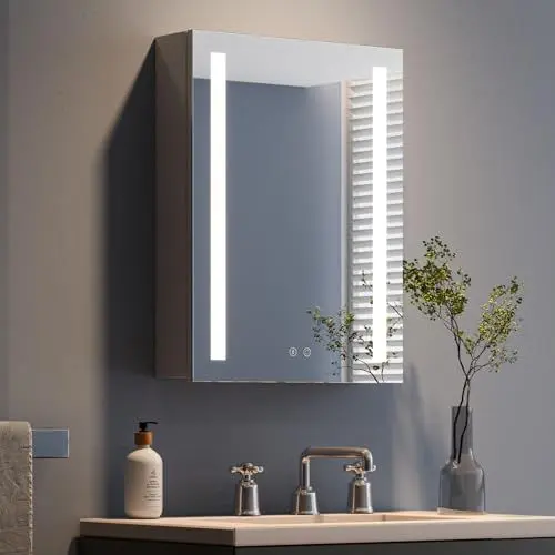 Produktbild: Dripex Spiegelschrank Bad mit Beleuchtung Grau, Glasablage und Steckdose, Badezimmerschrank mit Spiegel, Dimmbar， 3 Lichtfarbe Einstellbar, Rechtstürige Spiegelschrank, Beschlagfrei 45 x 60 cm