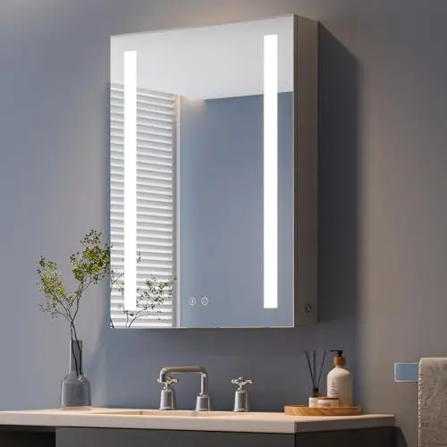 Produktbild: Dripex Spiegelschrank Bad mit Beleuchtung, LED Badezimmerschrank mit Spiegel, 3 Lichtfarbe Einstellbar, Dimmbar, Steckdose und Glasablage, Linkstürig, Beschlagfrei 60 x 80 cm Grau Verbesserte Version