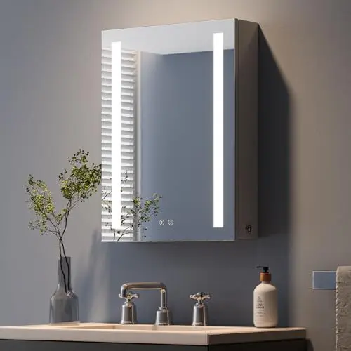 Produktbild: Dripex Spiegelschrank Bad mit Beleuchtung, LED Badezimmerschrank mit Spiegel, 3 Lichtfarbe Einstellbar, Dimmbar, Steckdose und Glasablage, Linkstürig, Beschlagfrei 45 x 60 cm Grau Verbesserte Version