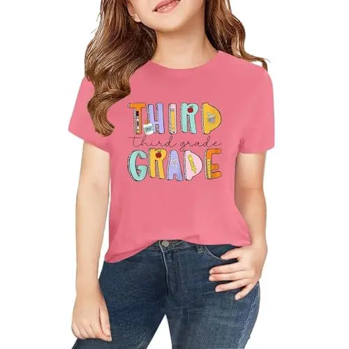 Produktbild: Dritte Vierte Fünfte Sechste Klasse Druck T-Shirt Mädchen Zurück Zur Schule Tshirt Baumwolle Oberteile Pullover Basic Kurzarm Tshirt Rundhals Ärmel Top Sportbekleidung (f-Pink, 12-13 Years)