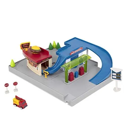 Produktbild: Driven Pocket 5 Teile Mini Set Tankstelle mit Zapfsäulen, Drive-In Restaurant und mehr – Spielzeugautos mit Zubehör und Funktionen Spielzeug ab 3 Jahren