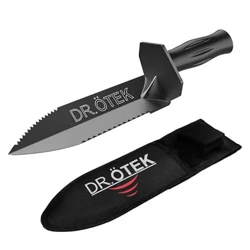 Produktbild: DR.ÖTEK Metalldetektor Zubehör Digger Schaufel, Kleiner Schaufel Spaten mit Scheide Doppelt Gezahntes Grabwerkzeug für Gartenarbeit, Camping, mit Messskala