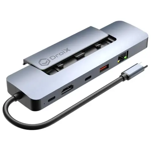 Produktbild: DroiX NH8 USB Hub mit erweiterbarem SSD Speicher, PCIe NVMe Slot, 100W Power Delivery, 4K HDMI, 8 Ports, Gigabit Ethernet für Laptops und MacBook
