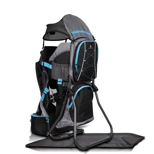 Produktbild: Dromader Kraxe Kindertrage bis 22kg – Kindertrage Wandern mit Sonnendach, Regenschutz, Thermotasche, Wickelmatte – Einhändig klappbare Rahmen - Schwarz & Blau