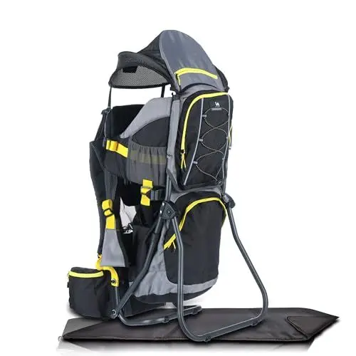 Produktbild: Dromader Kraxe Kindertrage bis 22kg – Kindertrage Wandern mit Sonnendach, Regenschutz, Thermotasche, Wickelmatte – Einhändig klappbare Rahmen – Schwarz & Gelb