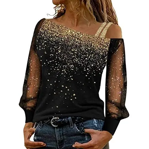 Produktbild: Druckbluse Cold Splice Lose Schulter T-Shirt Pailletten Mesh Lässige Ärmel Tops Lange Damen Damenbluse Festliche Blusen Damen Glitzer (Gold, L)