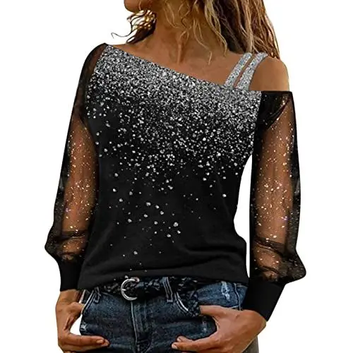 Produktbild: Druckbluse Cold Splice Lose Schulter T-Shirt Pailletten Mesh Lässige Ärmel Tops Lange Damen Damenbluse Festliche Blusen Damen Glitzer (Silver, M)