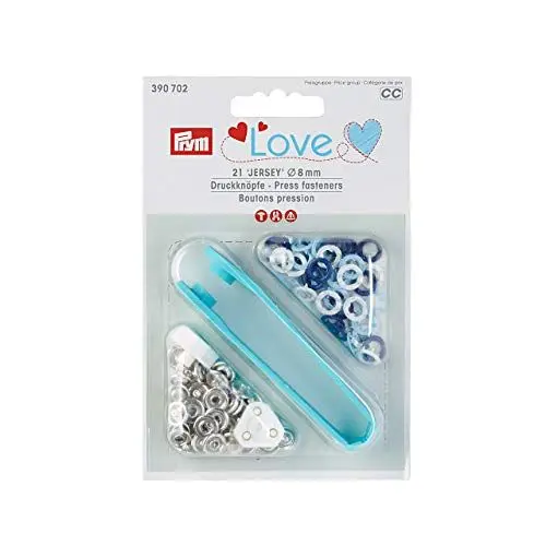 Produktbild: Druckknöpfe LOVE 21 Stück Jersey 8 mm blau / weiß gemischt