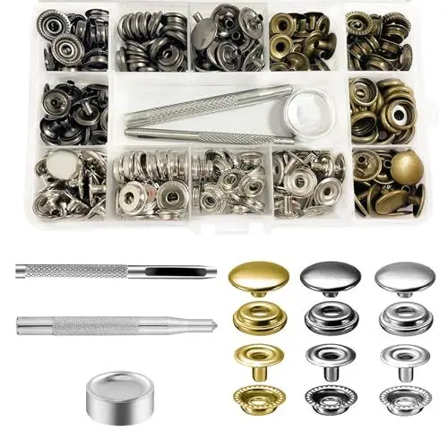 Produktbild: Druckknopf Set, 60Sets 15mm Fasteners Druckknöpfe ohne Nähen Metall Hosenknopf Druckknöpfe Snap zum Schrauben mit Fixierwerkzeug Kit für Leder Handwerk Kleidung Tasche