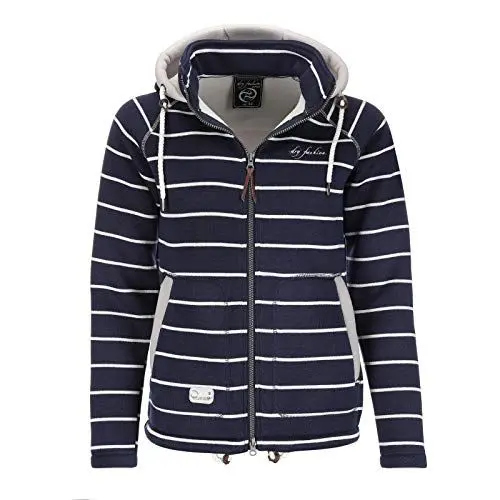 Produktbild: Dry Fashion Damen Fleece-Jacke Föhr - Fleecejacke Strickjacke Sweatshirtjacke Damen Outdoor Jacke mit Kapuze und Reißverschluss in Navy-Gestreift Größe 48