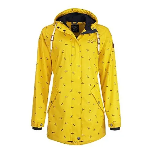 Produktbild: Dry Fashion Damen Regenmantel Cuxhaven mit Anker-Print - Regenjacke Jacke für Frauen mit verstellbarer Kapuze Winddicht Wasserdicht in Gelb Größe 52
