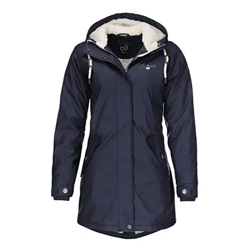 Produktbild: Dry Fashion Damen Regenmantel Malmö - Frauen Regenjacke Jacke mit Kapuze Lang Winddicht Wasserdicht Gefüttert mit Teddyfleece in Navy Größe 38