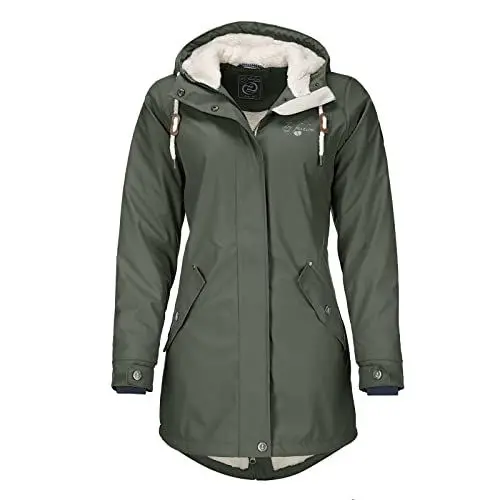 Produktbild: Dry Fashion Damen Regenmantel Malmö - Frauen Regenjacke Jacke mit Kapuze Lang Winddicht Wasserdicht Gefüttert mit Teddyfleece in Oliv Größe 42