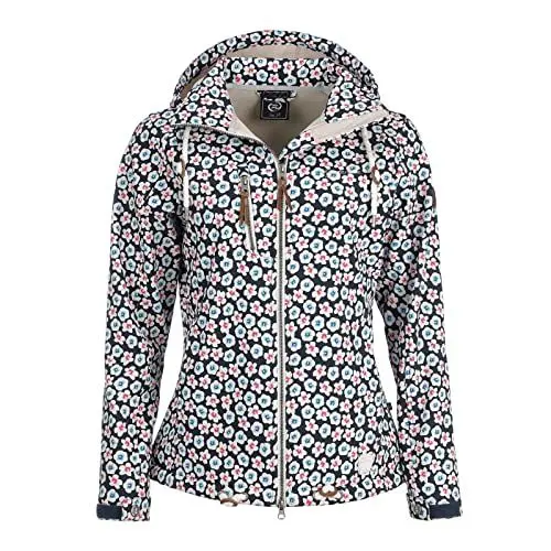 Produktbild: Dry Fashion Damen Softshell Jacke Wismar mit Blumen All Over Print - Frauen Jacke Outdoorjacke Atmungsaktiv Kapuze Wind- und Wasserabweisend in Navy Größe 44