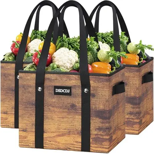 Produktbild: DSDCDJ Einkaufskorb Faltbar 3er Pack – Einkaufstasche Stabil mit Henkel und verstärktem Boden, Tragetasche, Picknickkorb, Transportkiste, Tragekorb, Wieder verwendbare Einkaufsbox, Braun, 33x26x28cm