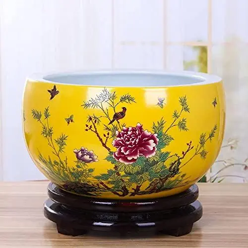 Produktbild: DSHUB Gelber runder Blumentopf, extra groß, Jingdezhen-Blumentopf im chinesischen Stil für den Innenbereich, für Hydrokulturpflanzen, Sukkulenten, ohne Löcher, ohne Tablett, Lotusbecken, Goldfisch