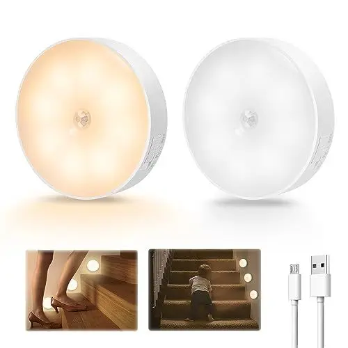 Produktbild: DSLebeen Nachtlicht mit Bewegungsmelder Licht mit Bewegungsmelder Innen Batterie USB Wiederaufladbar LED Nachtlicht für Treppe Schrank Flur Schlafzimmer Kinderzimmer Notlicht(2 Stück)