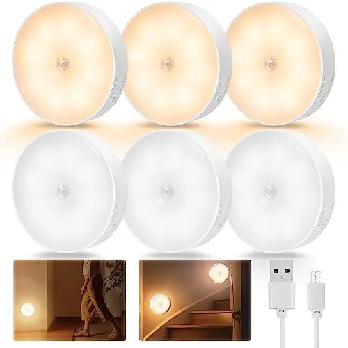 Produktbild: DSLebeen Nachtlicht mit Bewegungsmelder Licht mit Bewegungsmelder Innen Batterie USB Wiederaufladbar LED Nachtlicht für Treppe Schrank Flur Schlafzimmer Kinderzimmer Notlicht(6 Stück)