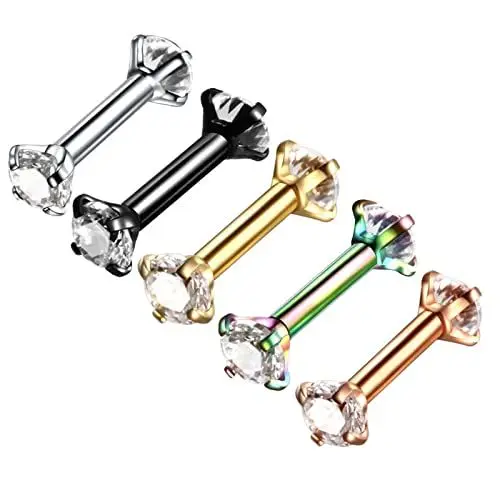 Produktbild: Dsnyu 6 Pcs Stecker Piercing Nase, Nasenpiercing Ring Männer Damen, Edelstahl Bunt Nasenloch Lippen Ohren Schrauben Ohrstecker Gerade Stange mit CZ Stein