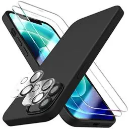Produktbild: Dssairo (5 in 1 für iPhone 12 Hülle/iPhone 12 Pro Hülle 6.1, mit 2 Pack Displayschutzfolie + 2 Pack Kameraobjektivschutz, Flüssigsilikon Slim Stoßfest Schutzhülle Handyhülle (Schwarz)