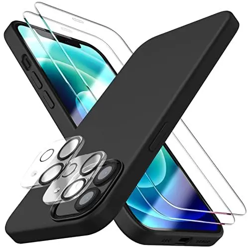 Produktbild: Dssairo (5 in 1 für iPhone 12 Hülle/iPhone 12 Pro Hülle 6.1, mit 2 Pack Displayschutzfolie + 2 Pack Kameraobjektivschutz, Flüssigsilikon Slim Stoßfest Schutzhülle Handyhülle (Schwarz)