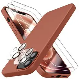 Produktbild: Dssairo (5 in 1 für iPhone 12 Hülle/iPhone 12 Pro Hülle 6.1, mit 2 Pack Displayschutzfolie + 2 Pack Kameraobjektivschutz, Flüssigsilikon Slim Stoßfest Schutzhülle Handyhülle(Zimt)