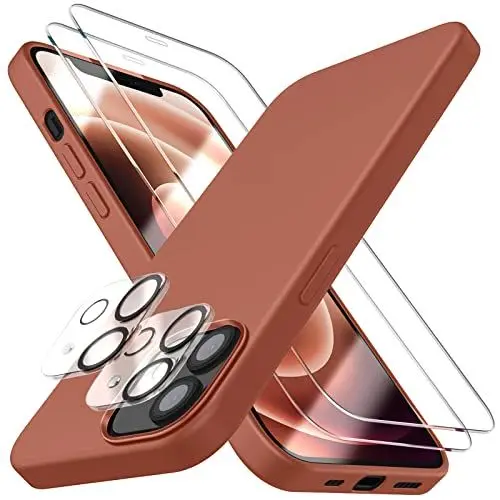 Produktbild: Dssairo (5 in 1 für iPhone 12 Hülle/iPhone 12 Pro Hülle 6.1, mit 2 Pack Displayschutzfolie + 2 Pack Kameraobjektivschutz, Flüssigsilikon Slim Stoßfest Schutzhülle Handyhülle(Zimt)