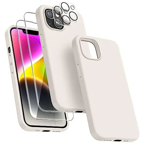 Produktbild: Dssairo (5-in-1 für iPhone 14 Hülle, mit 2 Displayschutzfolien + 2 Stück Kameraobjektivschutz, Flüssigsilikon, ultradünn, stoßfest, Schutzhülle (Mikrofaserfutter) 6.1(Stein)