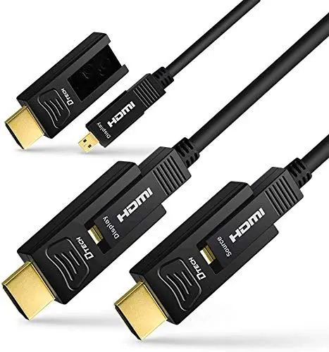 Produktbild: DTECH 8 m Glasfaser-HDMI-Kabel 4K 60Hz YUV 444 18 Gbit/s Hochgeschwindigkeits Ultra HD mit Dual Micro HDMI und Standard HDMI Anschluss (25 Fuß, schwarz)