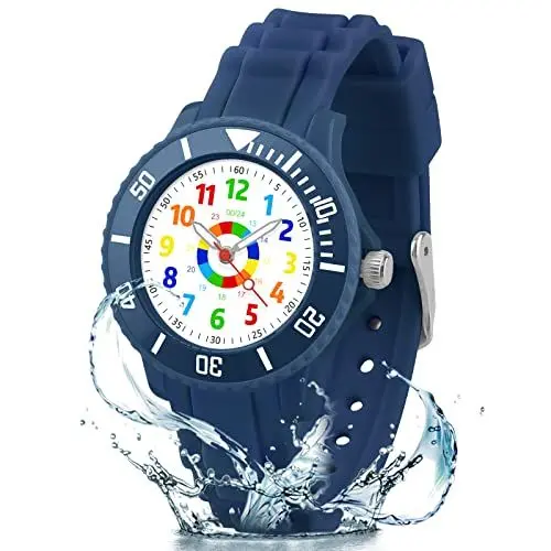 Produktbild: DTKID Kinderuhr Jungen Mädche,Kinder Lern Armbanduhr,Armbanduhr für Jungen,Mädchen,Analoguhr die drehbare Lünette mit Übungen,Einfach die Zeit lesen zu Lernen Mit weichem Gurt (Blau)