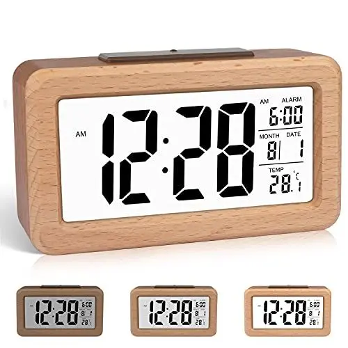Produktbild: DTKID Wecker,Digital Wecker aus Holz Mit Großer LCD Display Datum Und Temperatur Anzeige Mit Snooze Und Nachtlicht Funktion,Für Zuhause,Schlafzimmer,Büro,Batteriebetriebener Wecker (Bambus)