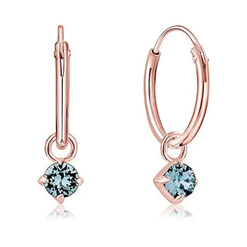 Produktbild: DTPsilver® KLEINE Creolen Ohrringe 925 Sterling Silber Rosen-Gold überzogen mit 3 mm Baumelnde Swarovski® Elements Kristall - Mädchen - Dicke 1.5 mm - Durchmesser 14 mm - Farbe : Aquamarin