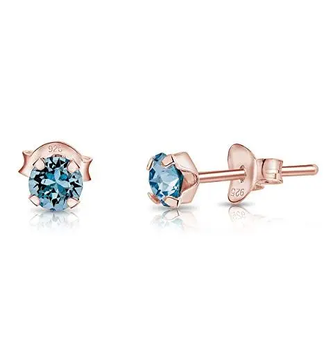 Produktbild: DTPsilver - Winzige Ohrringe 925 Sterling Silber Rosèvergoldet mit Kristallen von Swarovski® Elements Runde Sehr kleine Ohrstecker - Durchmesser 4 mm - Farbe : Aquamarin