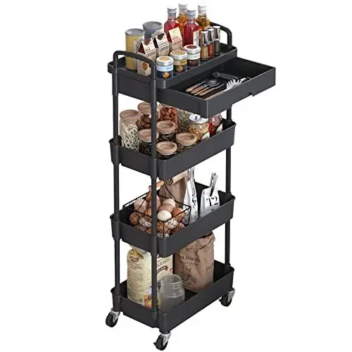 Produktbild: Dttwacoyh,1 Stück 4 Tier rollwagen mit schubladen, servierwagen mit Rollen, schönheit und Haar kunststoffschale, metallrohr und metallräder rollwagen, servierwagen für, Wohnzimmer, küche, schwarz