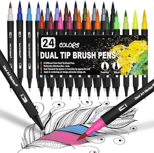 Produktbild: Dual Brush Pen Set, 24 Farben Doppelfasermaler Filzstifte, Wasserbasis Aquarellstifte für Aquarell Watercolo Bullet Journal Handlettering Kalligraphie Manga Malbücher, mit Fasermaler und Fineliner