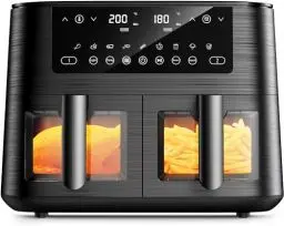 Produktbild: Dual Zone Heißluftfritteuse mit Sichtfenster, 9L XL Kapazität Doppel-Airfryer, 2 Schubladen, 9-in-1 Kochvorgaben, Touchscreen, Smart und Timer-Funktion, Gesunde Friteuse ohne Öl und fettarmes Kochen