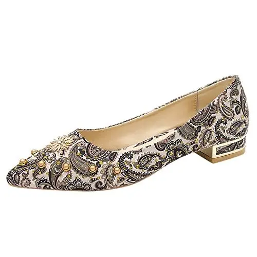Produktbild: Schuhe Damen Sandalen Absatzschuhe Damen Mode und Frauen Pumps mit niedrigem Absatz, flach, Perle, Strass, bunter Druck Schlappen Damen Sandalen Damen Zehentrenner (Beige, 38)
