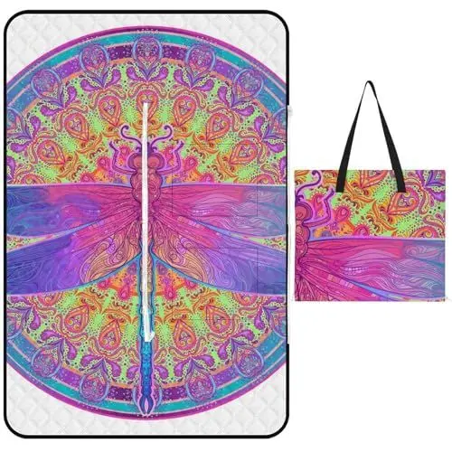 Produktbild: ducanll Picknickdecke mit Mandala-Muster, für den Außenbereich, 150 x 100 cm, Libelle, wasserdicht, Picknickmatte, faltbar, Campingdecke, tragbar, mit Tragegurt, für Strandbanket