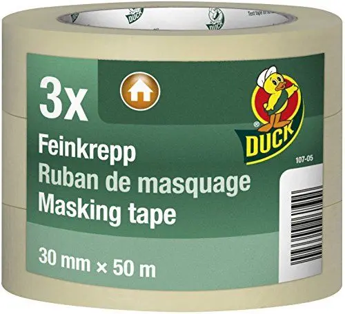 Produktbild: DUCK Feinkrepp 107-05 – Imprägniertes Kreppband zum Streichen & Lackieren – Malerkreppband für den Innenbereich – 3er Set 30mm x 50m