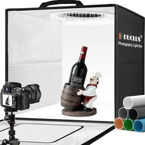 Produktbild: DUCLUS Fotobox zum Produktfotografie, 50x50x50cm Faltbare Fotostudio Set mit 216 LED Beleuchtung und 6 PVC Hintergründe für Schmuck-/Handwerks-/Kleinobjektfotografie